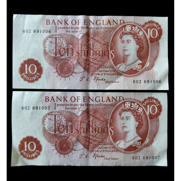 Vintage Banknote Lot England 10 Shillings Consecutive Pair Crisp Currency Set