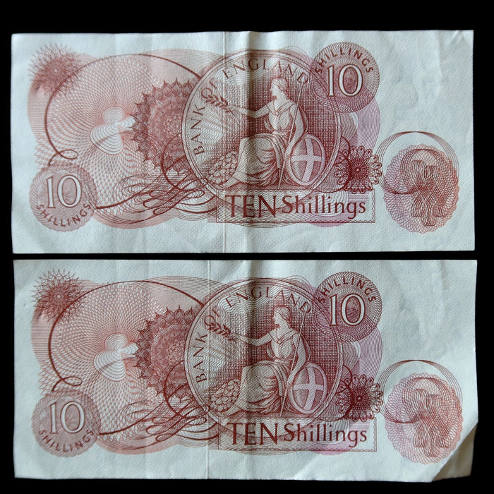 Vintage Banknote Lot England 10 Shillings Consecutive Pair Crisp Currency Set