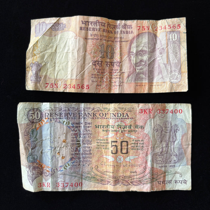 Vintage Banknote Lot India 10, 50 Pre Rupees Rhinoceros Elephant Tiger Gandhi