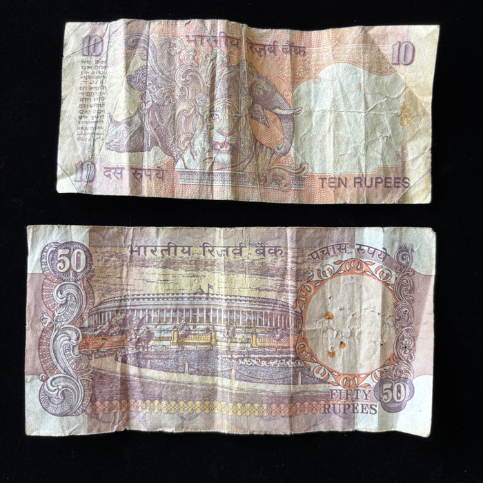 Vintage Banknote Lot India 10, 50 Pre Rupees Rhinoceros Elephant Tiger Gandhi