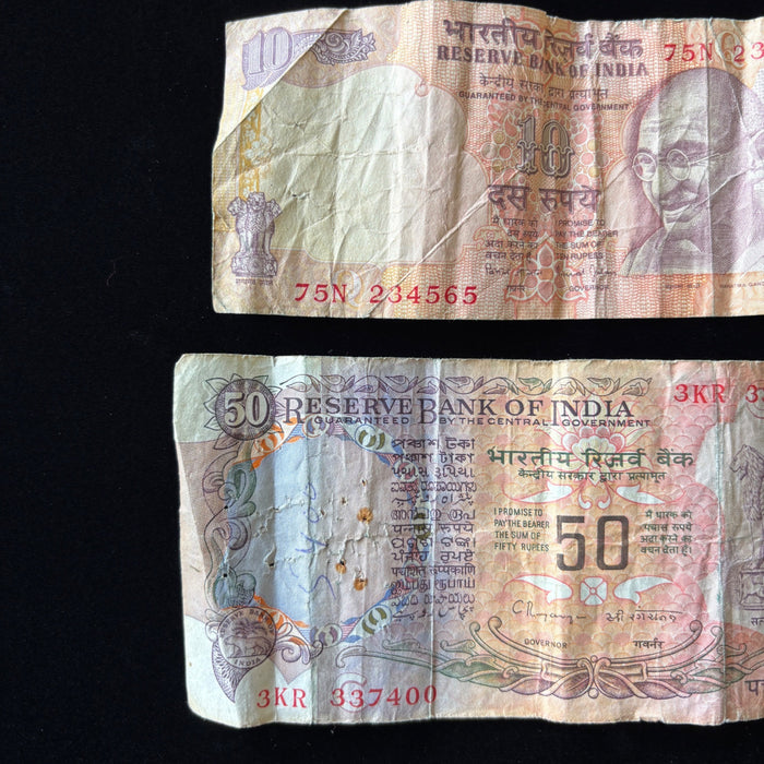 Vintage Banknote Lot India 10, 50 Pre Rupees Rhinoceros Elephant Tiger Gandhi