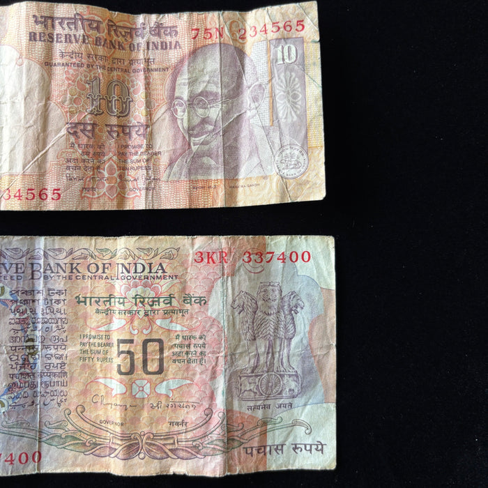 Vintage Banknote Lot India 10, 50 Pre Rupees Rhinoceros Elephant Tiger Gandhi