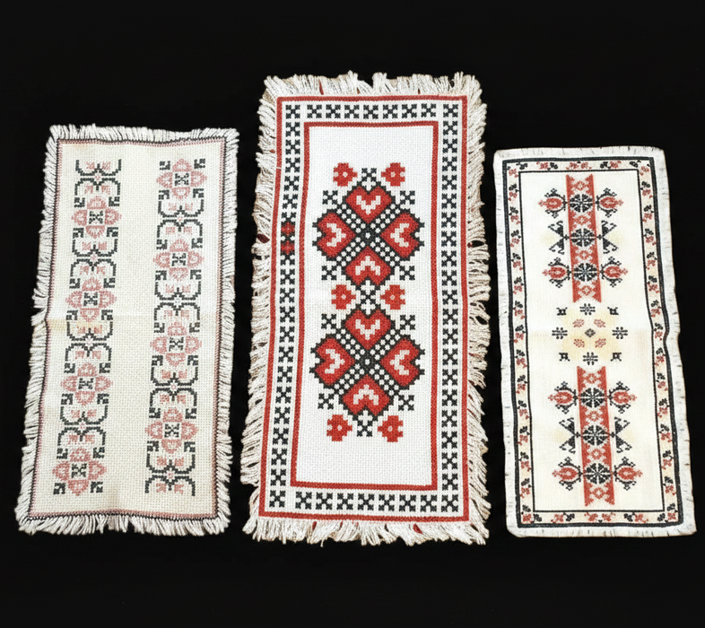 Vintage Hungarian Bereg Table Runner Set 3 Geometric Heart Tulip Star Cross-Stitch 1960s