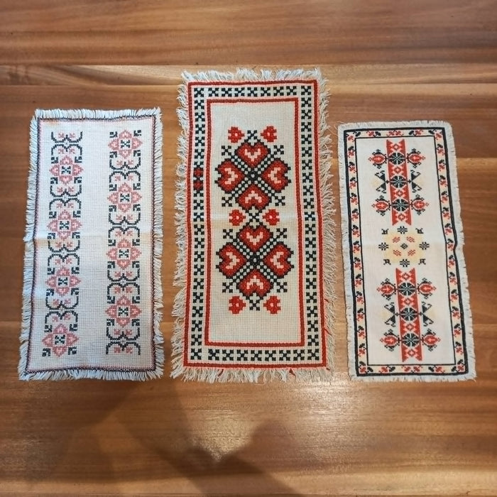Vintage Hungarian Bereg Table Runner Set 3 Geometric Heart Tulip Star Cross-Stitch 1960s