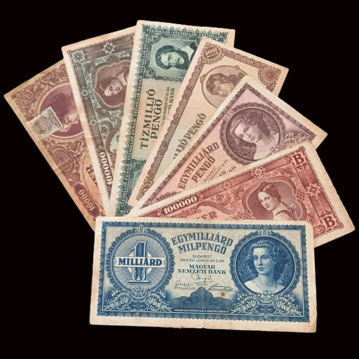 Vintage Banknote Set 1945-46 Hungary 100 Quadrillion Százezer B-Pengő Hyperinflation 7pc