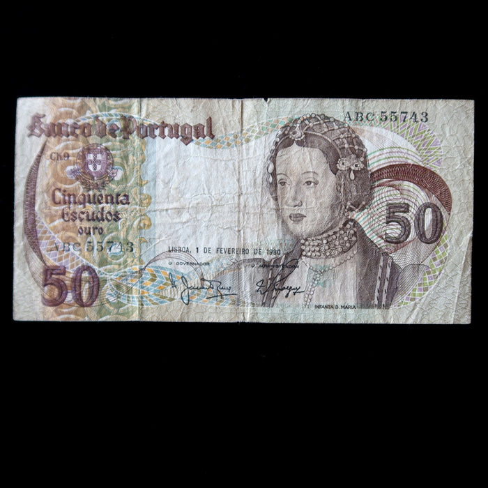 Vintage Banknote Portugal 50 Escudos Old Pre-Euro Money 1980 Watermark