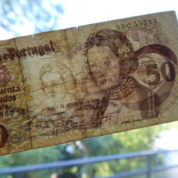 Vintage Banknote Portugal 50 Escudos Old Pre-Euro Money 1980 Watermark