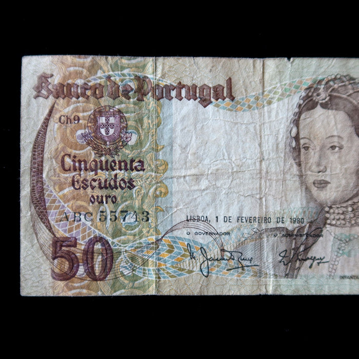 Vintage Banknote Portugal 50 Escudos Old Pre-Euro Money 1980 Watermark