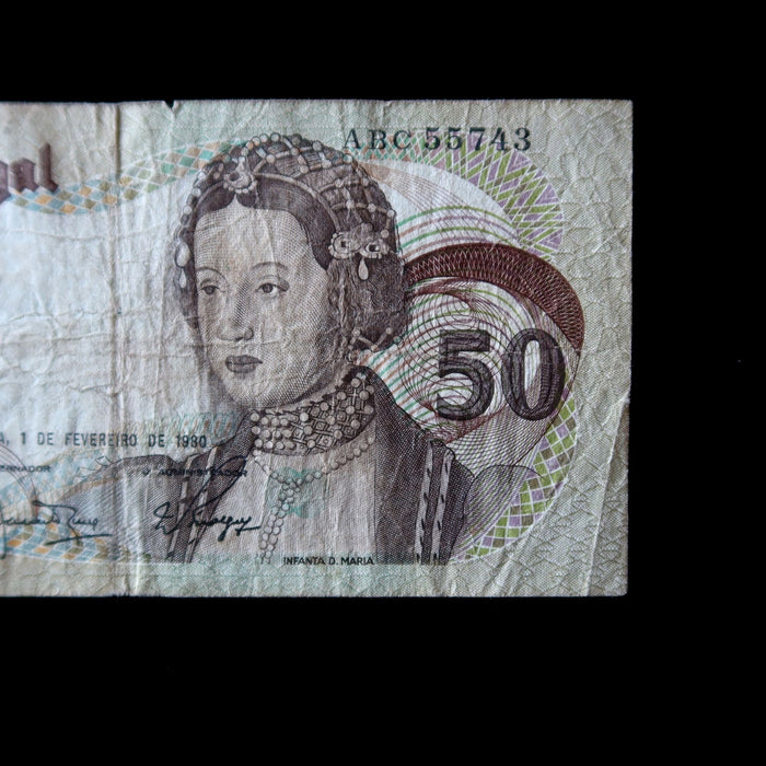Vintage Banknote Portugal 50 Escudos Old Pre-Euro Money 1980 Watermark