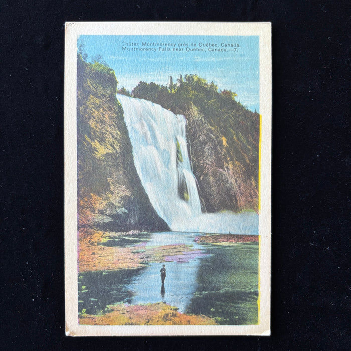 Vintage Postcard 1945 Fisherman Montmorency Falls Quebec Canada Ste Anne Cancel