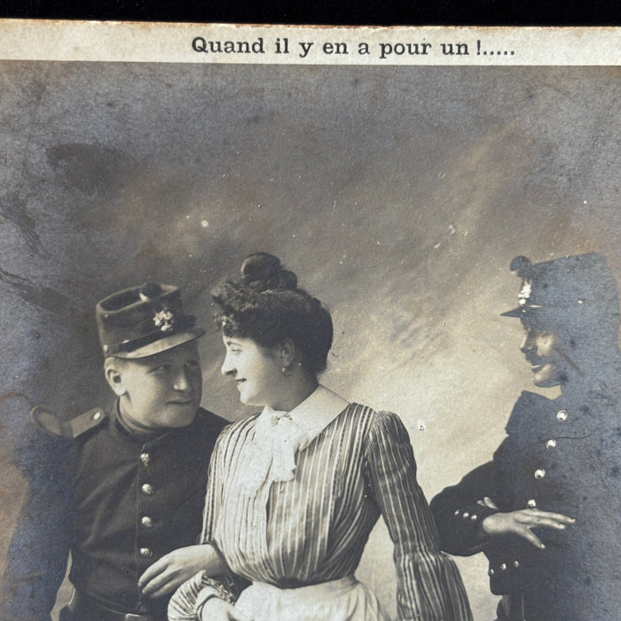 Antique Postcard 1900s RPPC Love Triangle Military Police French Humor Romance