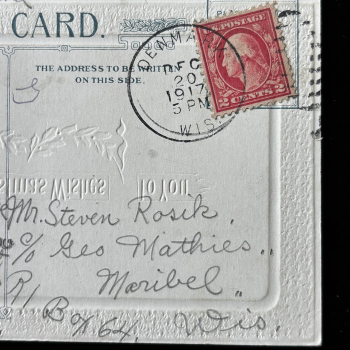 Antique Postcard 1917 Embossed Europe Christmas Wishes Denmark Wisconsin Maribel