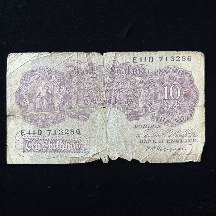 Vintage Banknote 1940 UK 10 Shilling Relic WWII Bank England Emergency Mauve