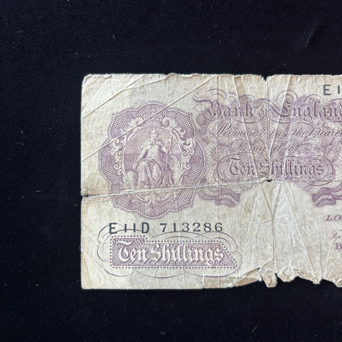 Vintage Banknote 1940 UK 10 Shilling Relic WWII Bank England Emergency Mauve