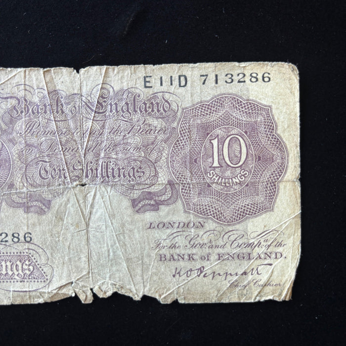 Vintage Banknote 1940 UK 10 Shilling Relic WWII Bank England Emergency Mauve