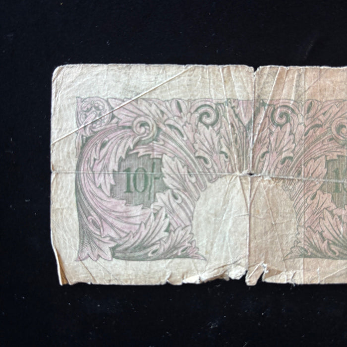 Vintage Banknote 1940 UK 10 Shilling Relic WWII Bank England Emergency Mauve