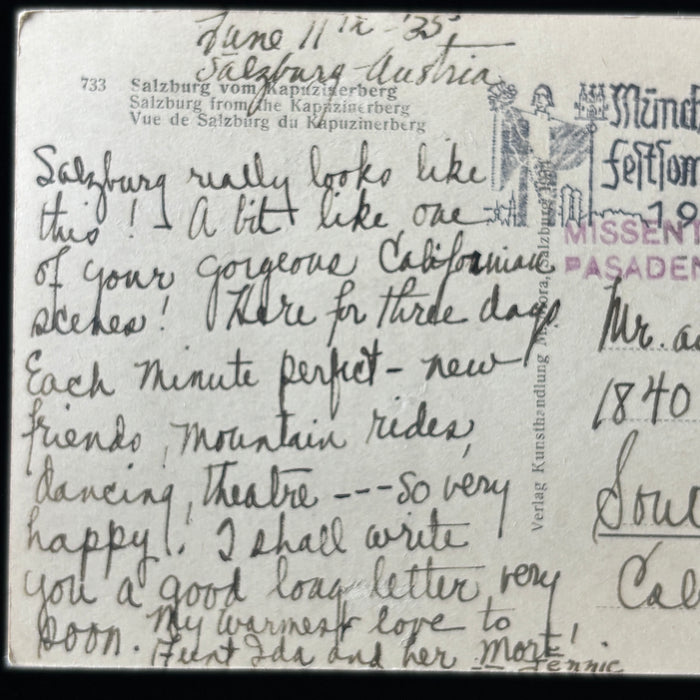 Vintage Postcard 1935 RPPC Salzburg Austria Castle Missent Pasadena California
