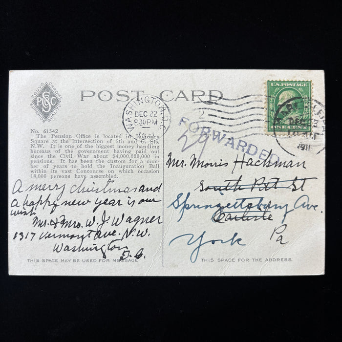 Antique Postcard 1911 Forwarded Cancel Washington DC Pension Office York PA