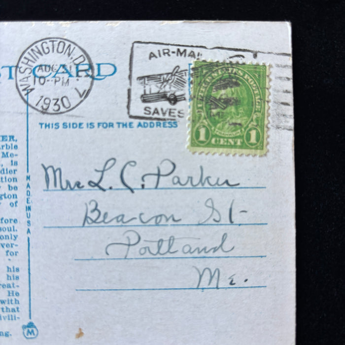 Vintage Postcard 1930 Washington DC Tomb Unknown Soldier Air Mail Saves Time Cancel