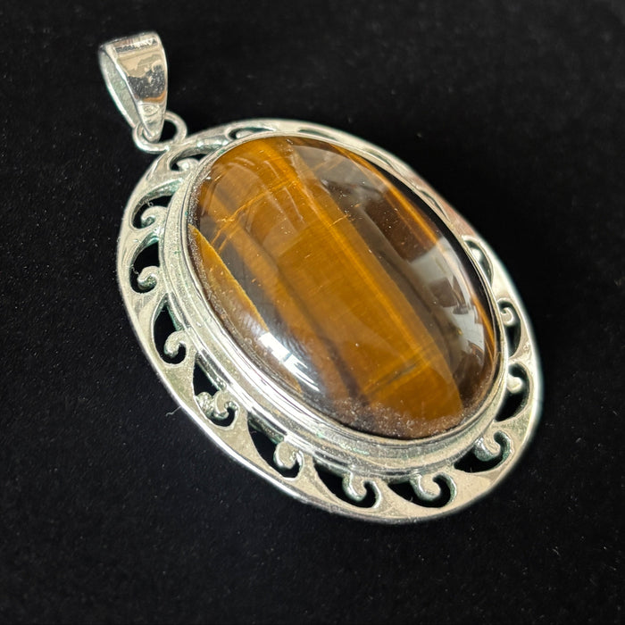 Tigers Eye Pendant Oval Gemstone Filigree Boho