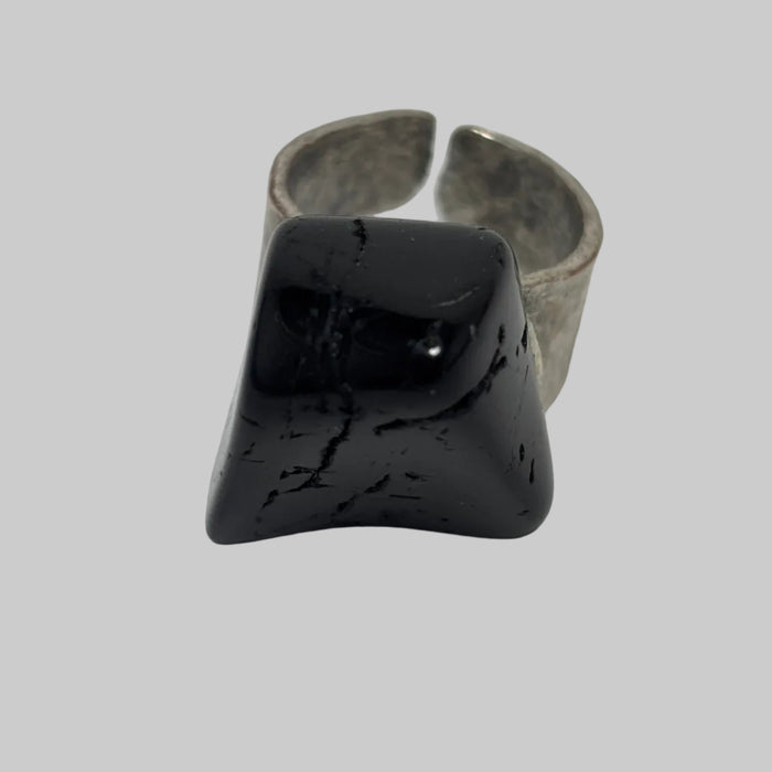 Black Tourmaline Ring Tumbled Stone Adjustable Chunky Statement