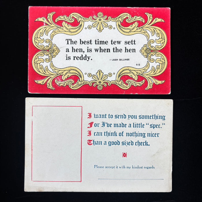 Antique Postcard Lot Josh Billings American Pun Comic Novelty Check Chicago