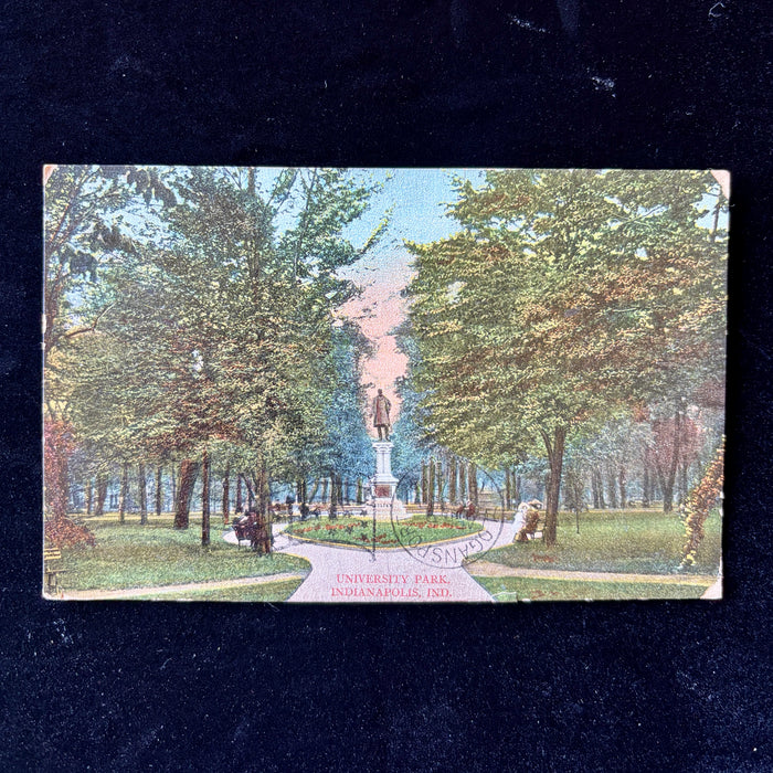 Antique Postcard 1908 Indianapolis University Park Colfax Statue Front Postmark