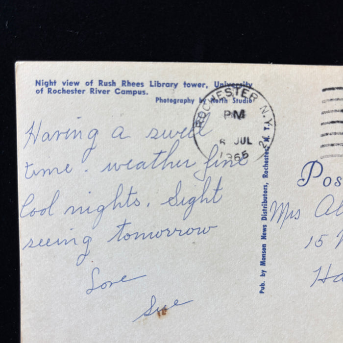 Vintage Postcard 1965 Night View University of Rochester Rush Rhees Library Greek Revival