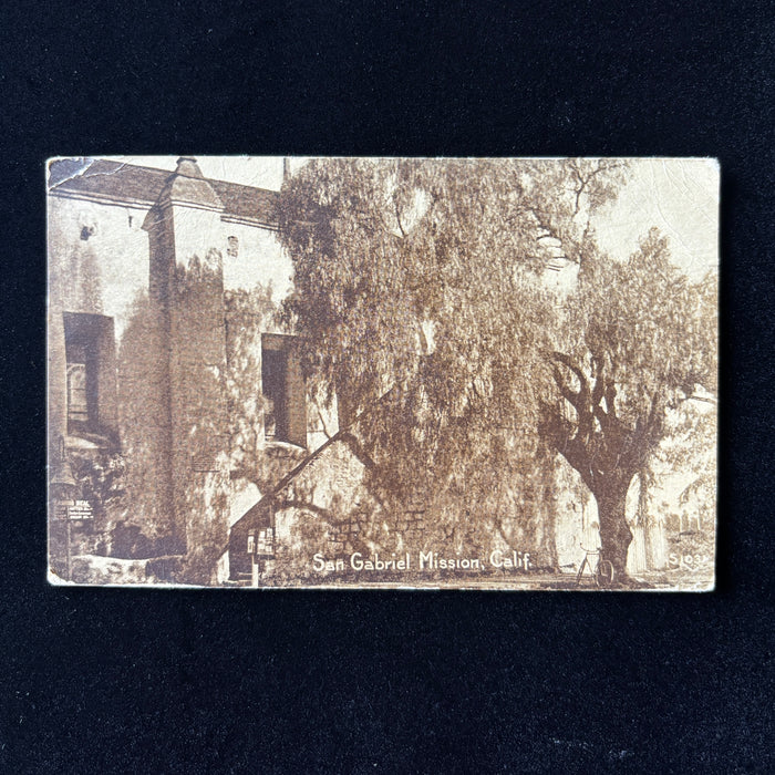 Antique Postcard 1910 Death Card San Gabriel Mission California Bicycle Under Tree