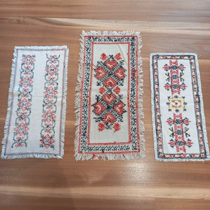 Vintage Hungarian Bereg Table Runner Set 3 Geometric Heart Tulip Star Cross-Stitch 1960s