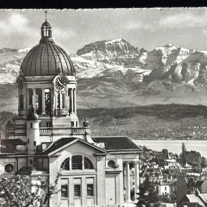 Antique Postcard Zurich Kreuzkirche Glarneralpen Switzerland Snow Alps Church