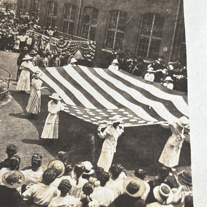 Vintage Postcard 1910s RPPC Patriotic American Flag Ceremony Crowd Antique Car