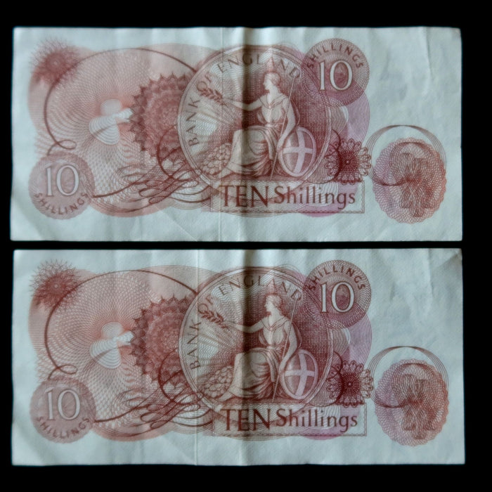 Vintage Banknote Consecutive Pair England 10 Shillings Queen Elizabeth II Set