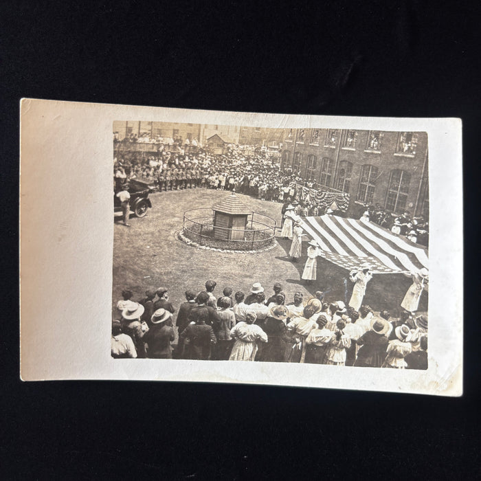 Vintage Postcard 1910s RPPC Patriotic American Flag Ceremony Crowd Antique Car