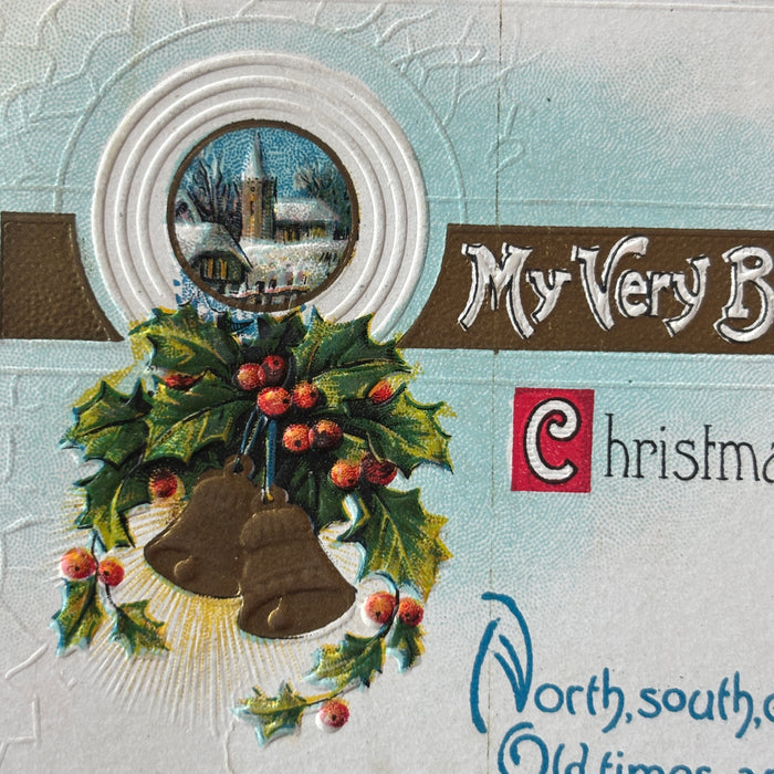 Antique Postcard 1910s Christmas Greetings Embossed Bells Snow Village Ballsville VA