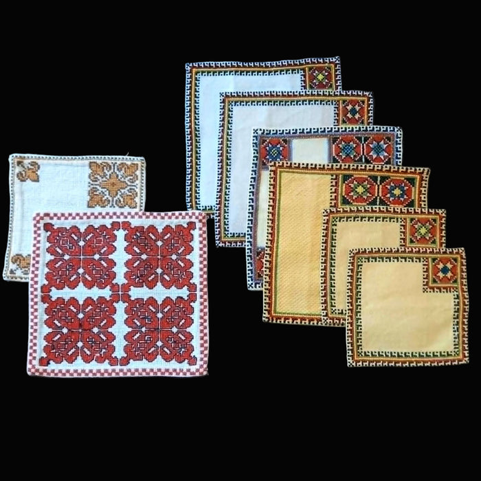 Vintage Hungarian Bereg Folk Art 8pc Set Rustic Farmhouse Geometric Cross-Stitch Mat Doilies 1960s