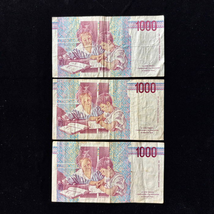 Vintage Banknote 1990s Set 3pc Italian 1,000 Lire Maria Montessori Education Lot