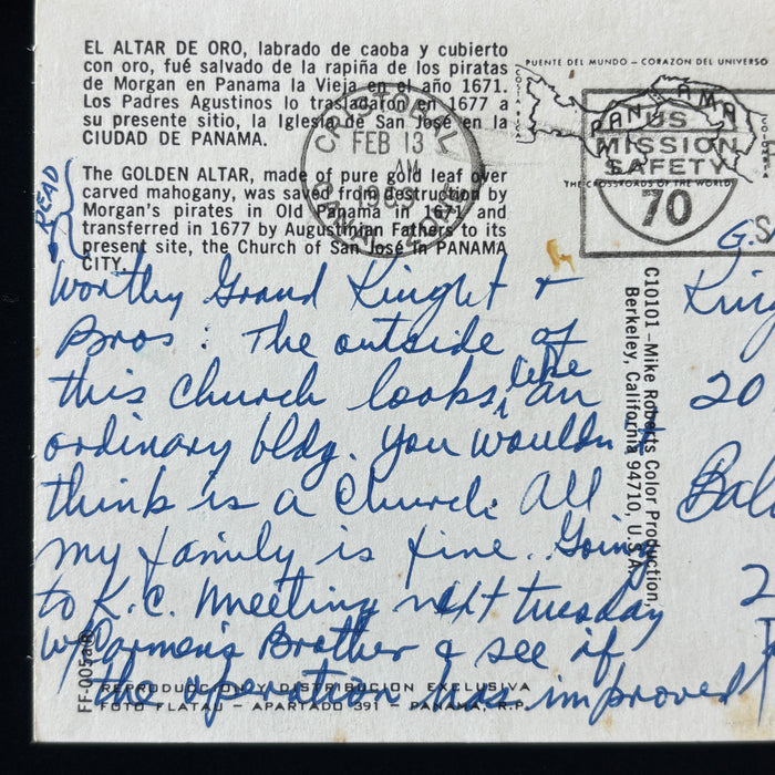 Vintage Postcard 1969 Knights of Columbus Panama Gold Altar Church Canal Zone