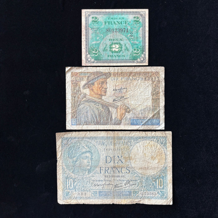 Vintage Banknote Set WWII France Allied 2 & 10 Francs Goddess Miner Lot 3 Pcs