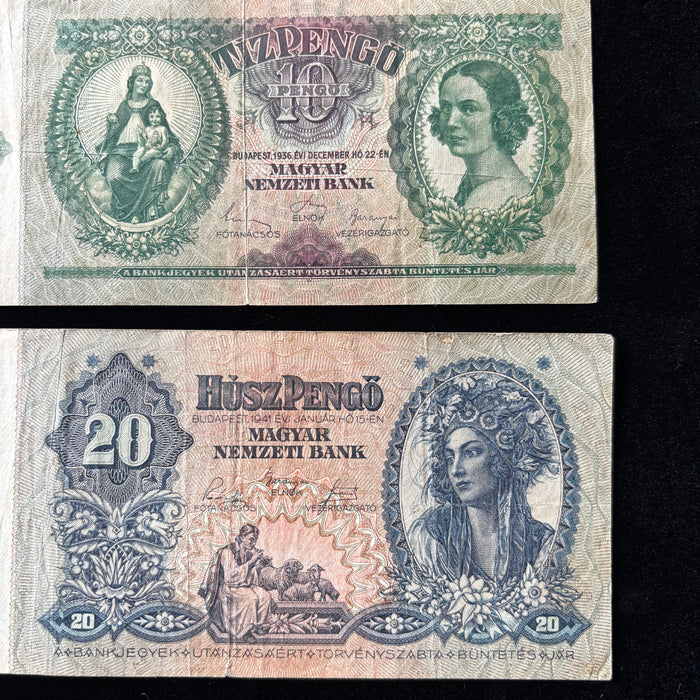 Vintage Banknote Set Hungary 10 20 Pengő Madonna Traditional Costume WWII Lot