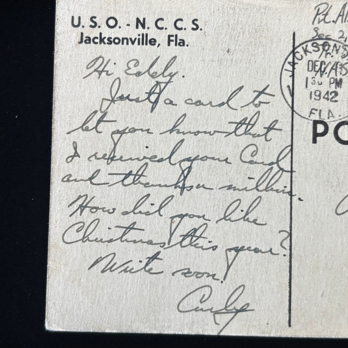 Vintage Postcard 1942 WWII Soldier Mail Marine USMC Jacksonville FL USO Catholic