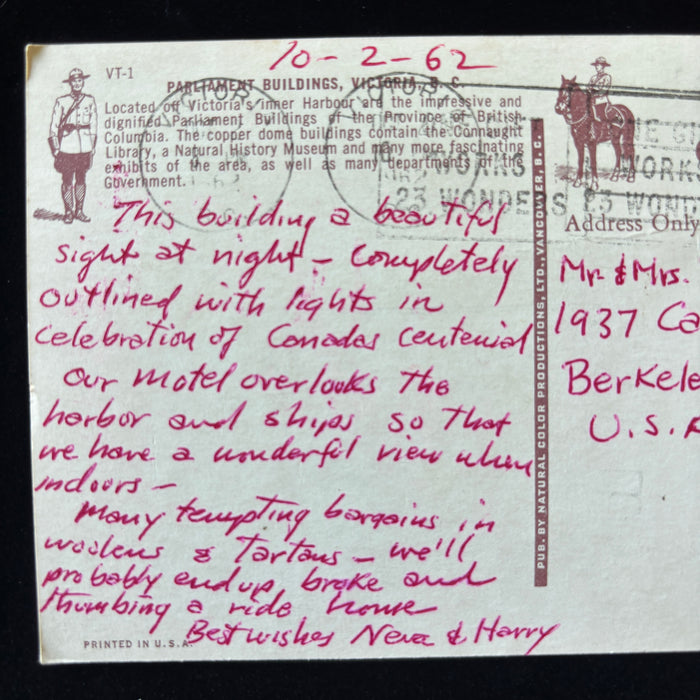 Vintage Postcard 1962 Victoria BC Parliament Bldg Queen Elizabeth Slogan Cancel