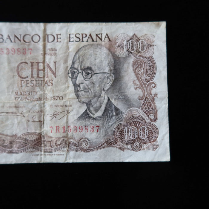 Vintage Banknote 1970 Spain 100 Pesetas Palace Composer Pre-Euro Money Watermark