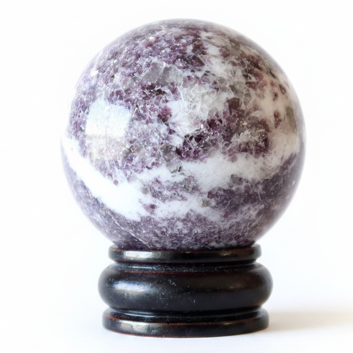 Lepidolite Sphere Purple White Crystal Ball Wood Stand