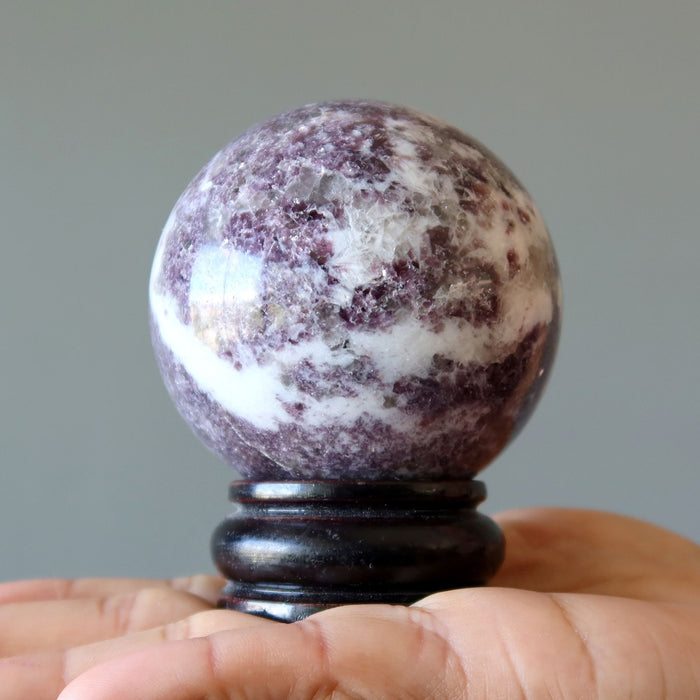 Lepidolite Sphere Purple White Crystal Ball Wood Stand