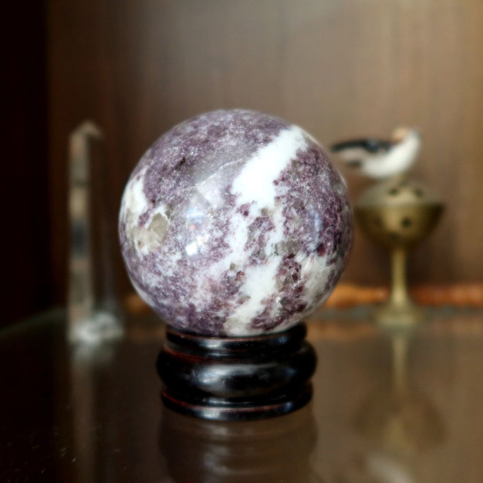 Lepidolite Sphere Purple White Crystal Ball Wood Stand