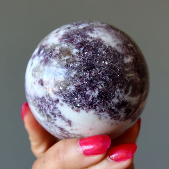 Lepidolite Sphere Purple White Crystal Ball Wood Stand