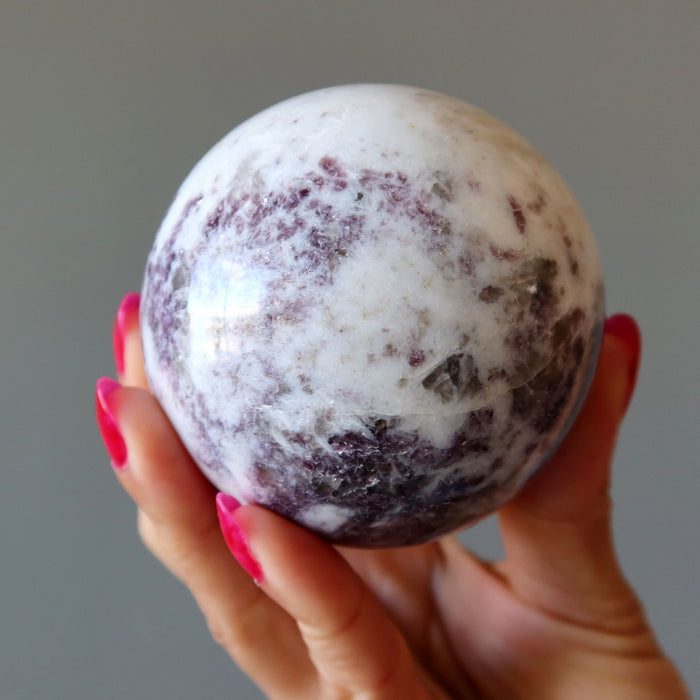 Lepidolite Sphere Purple White Crystal Ball Wood Stand