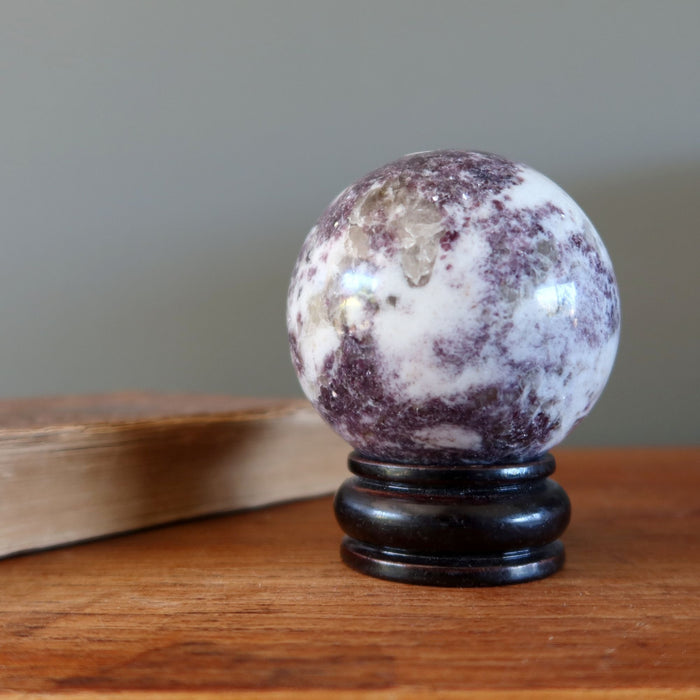 Lepidolite Sphere Purple White Crystal Ball Wood Stand