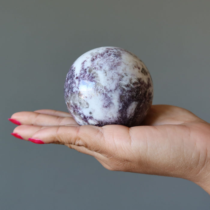 Lepidolite Sphere Purple White Crystal Ball Wood Stand